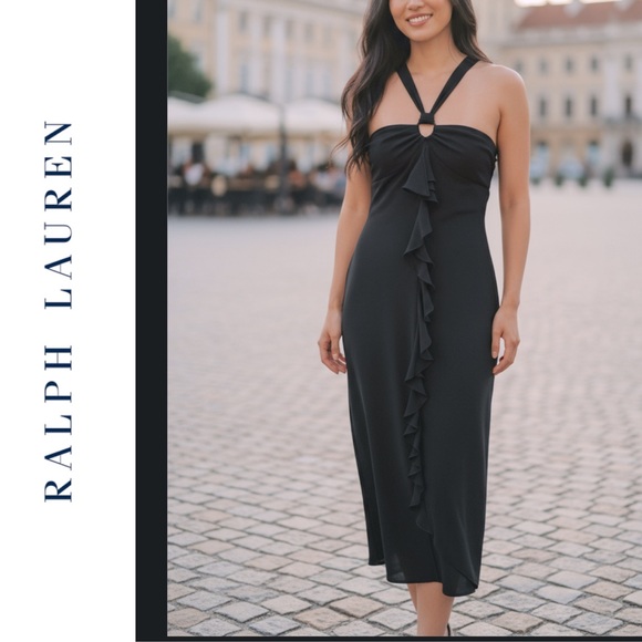 Ralph Lauren Front Ruffle Midi Dress Size Medium Party Cocktail Stretch Knit - Picture 1 of 9